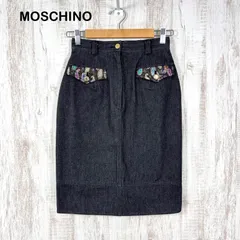 美品 MOSCHINO モスキーノ ラメ入り ペイズリー柄 バックスリット ひざ丈 デニム タイトスカート ブラック レディースのサムネイル