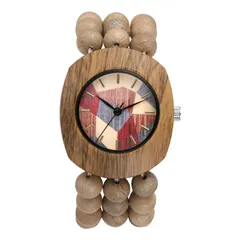 【人気商品】アラビア数字 天然木 樽型 デザイン 女性 スタイル おしゃれ 手作り 伸縮ストラップ ブレスレット クォーツ式 アナログ表示 - 大きな文字盤 絵柄: 母の日 木製ビーズ ボヘミアン 誕生日 腕時計 レディース