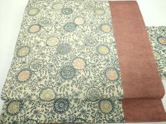 名古屋帯 民綴れ 正絹 金糸 中古 花 カジュアル デザイン綺麗 tj386 