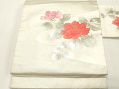 開き名古屋帯 正絹 銀糸 西陣織 唐織 オフホワイト 花 中古 tj430
