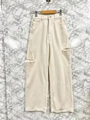 moment+ モーメントプラス ヘビーツイル&デニムダメージストレートパンツ アイボリー◆Size S/ウエスト58-64cm