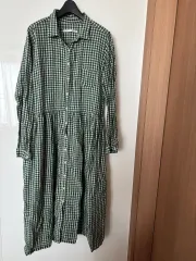 ルジャディネ 뜰 リネン100% ギンガムチェック グリーン 緑 オーバーサイズ ONE PIECE ママ服 保育園服