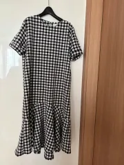 ギンガムチェック オーバーサイズ フリル 半袖 ロング丈ワンピース ママLook 保育園服 補修必要