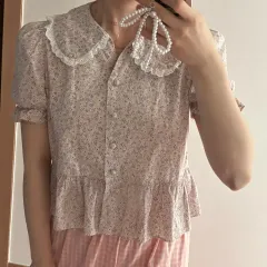 小花 チュニックエンブロイダリー バルーン パフ 半袖ブラウス ゲストルック 旅行スタイル リゾートスタイル