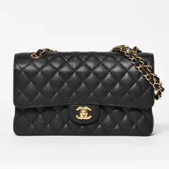 極美品 CHANEL シャネル マトラッセ25 Wフラップ Wチェーンショルダーバッグ 21番台 ココマーク キャビアスキン ブラック ゴールド 中古 4b014038