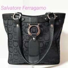 Salvatore Ferragamo フェラガモ ガンチーニ キャンバス レザー トートバッグ ブラック シルバー金具 B1112130L
