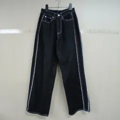 ブラック デニム ワイド パンツ サイドライン ズボン