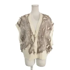 ニコアンド Niko and.. ニットベスト Vネック 前開き フリンジ 総柄 F ベージュ /AH13 ■GY99