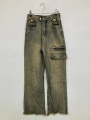 デニムパンツ カーキ フルレングス 無地 ワイド・ルーズ ストレート ハイウエスト ヴィンテージ