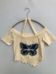 Tシャツ/カットソー F アイボリー 前面プリント ショート丈 半袖 オフショルダー