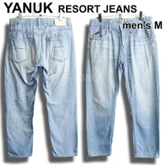 YANUK　ヤヌーク　リゾートジーンズ　サイズM（W33相当）　スリムテーパード　ストレッチ　リネン / 麻 配合　サックスブルー　イージー デニムパンツ　日本製　メンズ