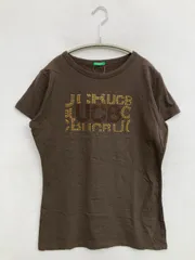 UNITED COLORS OF BENETTON ユナイテッドカラーズオブベネトン Tシャツ/カットソー ブラウン 前面プリント ビジュー 半袖 ミドル丈 クルーネック(丸首)