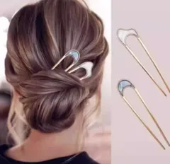 U型かんざし　ヘアアクセ　石　ストーン　ブルーホワイト波型ピン　aのサムネイル