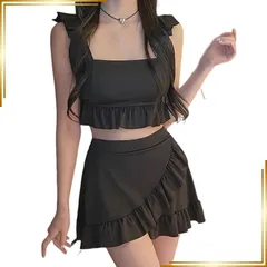 【新品】 [AILITI] 水着 レディース ビキニ ハイウエスト 体型カバー 2点セット ビスチェ風 フレア フリル 女性 セパレート 温泉水着 かわいい (M,ブラック) 1