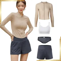 【新品】 [Adigaber] 水着 レディース 体型カバー フィットネス 長袖ラッシュガード セパレート 4点セット サーフィンパンツ タンキニ UVカット UPF50+ 水陸両用 冷感 速乾 オシャレ 女性用 0