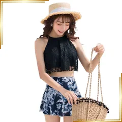 【新品】 [Teddy] 水着 レディース ビキニ ハイネック ハイウエスト 花柄ショートパンツ 2点セット バックシャン フレア レース hys1610 (A：ブラック×ネイビー, M(9号)) 0