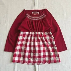 archive　PINK HOUSE　ピンクハウス　P010EUAL13B　さくらんぼグラフィック　チェリー　ギンガムチェック柄　ギャザー　チロリアン刺繍　七分丈Tシャツ　カットソー　M　ガーリー　cherry × gingham check T-shirt