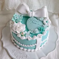 クレイケーキ　フェイクケーキ　バースデー　ダブルリボン　ミントブルー