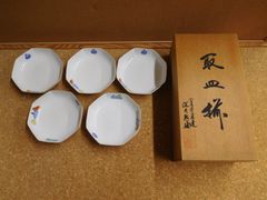 未使用 希少 有田焼 深川製磁 百年庵 川に桃 八方割小皿揃 5客セット