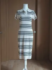 未使用 ストライプ ニット カラーネック 半袖 ONE PIECE