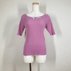 プロポーション サマーニット ピンク ビジュー クルーネック 半袖 五分袖 ウォッシャブル 洗える F コットン 春夏 きれいめ フェミニン