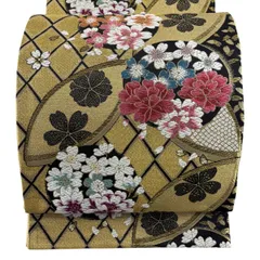 【美品】 袋帯 名品 桜 斜め格子 唐織 金糸 黒 六通 正絹 【中古】