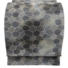 袋帯 名品 寄せ柄 七宝 金銀糸 ぼかし 青灰色 全通 正絹 【中古】