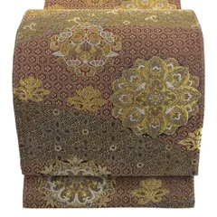 【美品】 袋帯 名品 華文 向かい鳥 金銀糸 箔 黄土色 六通 正絹 【中古】