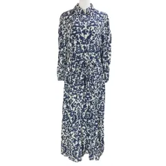 ザラ ZARA ロングシャツワンピース 長袖 総柄 ウエストリボン レーヨン XS 160/80A ネイビー ホワイト /X