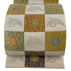 袋帯 秀品 関西仕立て 花唐草 鳥 唐織 箔 ベージュ 六通 正絹 【中古】