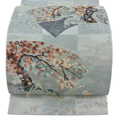 袋帯 秀品 扇面 枝花 銀糸 箔 灰色 六通 正絹 【中古】