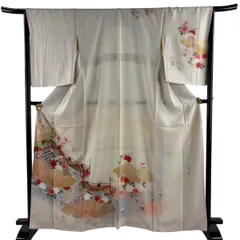 訪問着 身丈163cm 裄丈65.5cm M 袷 松井青々 落款 枝梅 万幕 金彩 ぼかし クリーム 正絹 名品 【中古】のサムネイル