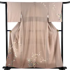 付下げ 身丈156.5cm 裄丈64cm M 袷 藤舟 落款 草花 ぼかし ピンクベージュ 正絹 秀品 一つ紋 【中古】