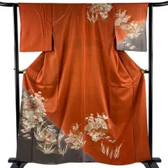 訪問着 身丈161cm 裄丈62.5cm S 袷 扇 秋草 金彩 染 朱色 正絹 秀品 【中古】のサムネイル