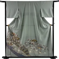 色留袖 身丈157cm 裄丈63.5cm S 袷 落款 花鳥 扇面 金彩 灰緑 正絹 秀品 一つ紋 【中古】のサムネイル