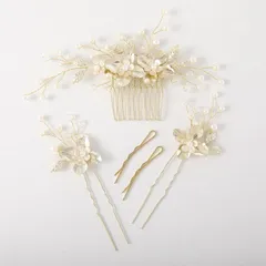 【人気商品】手作り髪飾り 和装用 発表会 娘の卒業式 ゴールド 披露宴 お呼ばれ 結婚式 ウェディング ヘアアクセサリー 5本セット ヘアピン パール コーム 花モチーフ 木の葉 ヘッドドレス 髪飾り
