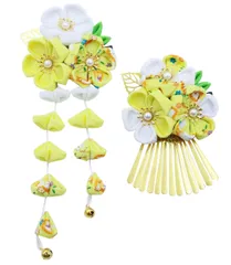 【新着商品】七五三 753 ヘアアクセサリー 成人式 七五三 和装 浴衣 袴 着物 つまみ細工 振袖 和装 花 髪飾り 卒業式 結婚式 女の子 髪飾り 鈴付き 手作り 2点セット 6カラー 可愛い 黄色 H4202