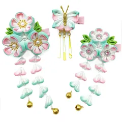 【数量限定】花 蝶々 桜 ハンドメイド 鈴付き 手作り イベント 結婚式 卒園式 卒業式 前撮り 和装 振袖 着物 袴 ピンク 浴衣 つまみ細工 ヘアアクセサリー グラデーション 髪飾り H5105 髪飾り 成人式 七五三 3点セット