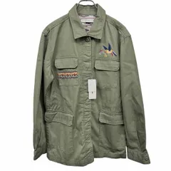 【新品/訳アリ】[印象NB] BACK NUMBER バックナンバー シャツジャケット レディース L カーキグリーン 緑系×マルチカラー 綿100% フライフロント ボタン留め ウエストに調節紐 カフスにネイティブ柄裏地 長袖 鳥と花 刺繍 ハート 英字のサムネイル