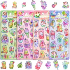 【新品】 ウォーターシール 4 枚入り アイスクリーム 水シール キラキラ 3D 立体 励ましステッカー 手帳用 DIY用 日記帳用 ノート 貼り付け可能 手芸用品 贈り物 個性的 ギフト 1
