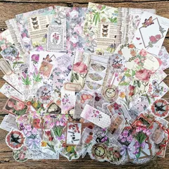 【新品】 コラージュ 素材 シール 詰め合わせ フレークシール Ta Merry デザインペーパー 手帳シール ステッカー パック 100枚 セット 大容量 レトロ 背景紙 ペーパー 沢山 おしゃれ かわいい ヴィンテージ クラシック アンティーク 花 英 0