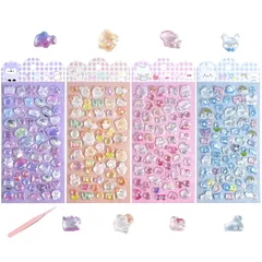 【新品】 シール ぷっくり 立体 ラメ付き キラキラ 【4種 x 各1枚 約200個】 デコシール 3D ごほうび ステッカー 手帳デコ うるつや スマホケース スマホデコ DIY用 日記 かわいい 推し活デコ 女の子 子供 プレゼント 手芸 贈り物 Ty 1