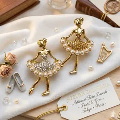 【B137】英国アンティーク調 バレリーナ ブローチ パーツ 2個セット パール＆ビジュー ゴールド ハンドメイド 素材