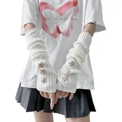 【新品】 [ＷＡＮＳＨＩＸ] アームウォーマー アームカバー ニット 手袋 レディース スター‘ 地雷系 y2k ギャル系 サブカル系 ゴシック 無地 ロング丈 ロリータ 防寒 指穴あり ニットアームスリーブ (Free Sizeホワイト)
