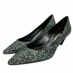 サンローラン パリ SAINT LAURENT PARIS グリッター パンプス ポインテッドトゥ ラメ 34.5 緑 グリーン系 黒 ブラック 0709