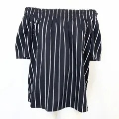 【新品】earth music＆ecology シャーリングオフショルダープルオーバーシャツ トップス ストライプ 半袖 綿100% F ネイビー レディース