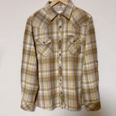 ゆったりサイズ◎(^w^)b CRU DESIGNS クリューデザイン 長袖チェックシャツ イエローベージュ サーフ系 アメカジ ヴィンテージ風 ロールアップ袖 ギンガム裏地 古着コーデ 羽織り トップス メンズ サイズXL  OM11529YS