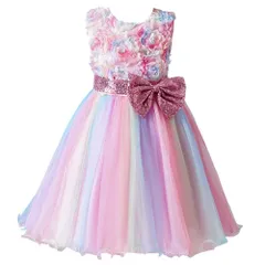発表会 ピアノ 入園式 女の子 虹色 子供 スパンコール蝶結び 花柄 丸ネック ドレス フォーマル 卒業式 ガールズ [Ｋａｙｉｙａｓｕ] 誕生日 3-13歳