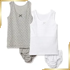 【新品】 [ガロー] 2枚組 上下セットペアインナー 胸二重・タンクトップ/ドット・ボーダー ガールズ ホワイト・グレー 日本 140 (日本サイズ140 相当) 1