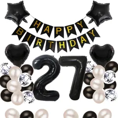 【特価セール】27歳 誕生日 バルーン 風船 飾り付け セット 数字バルーン 27 HAPPY BIRTHDAYガーランド ハート風船 紙吹雪風船 バースデーバルーン 大人 男の子 女の子 ブラック